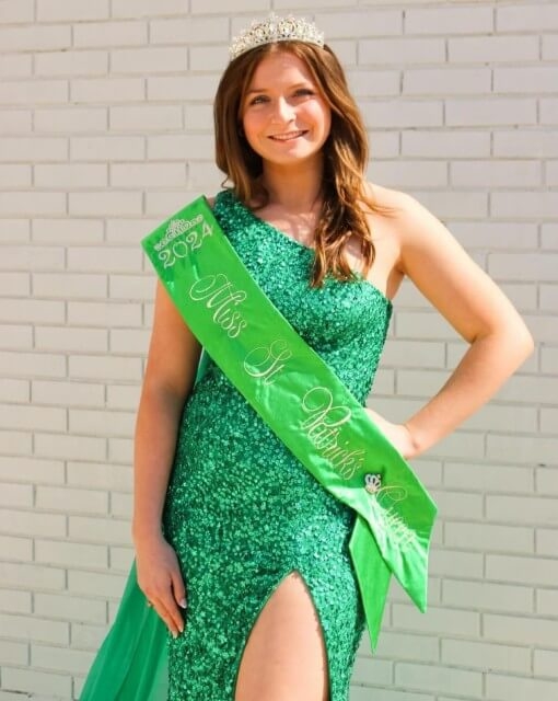 Model wearing a green dress